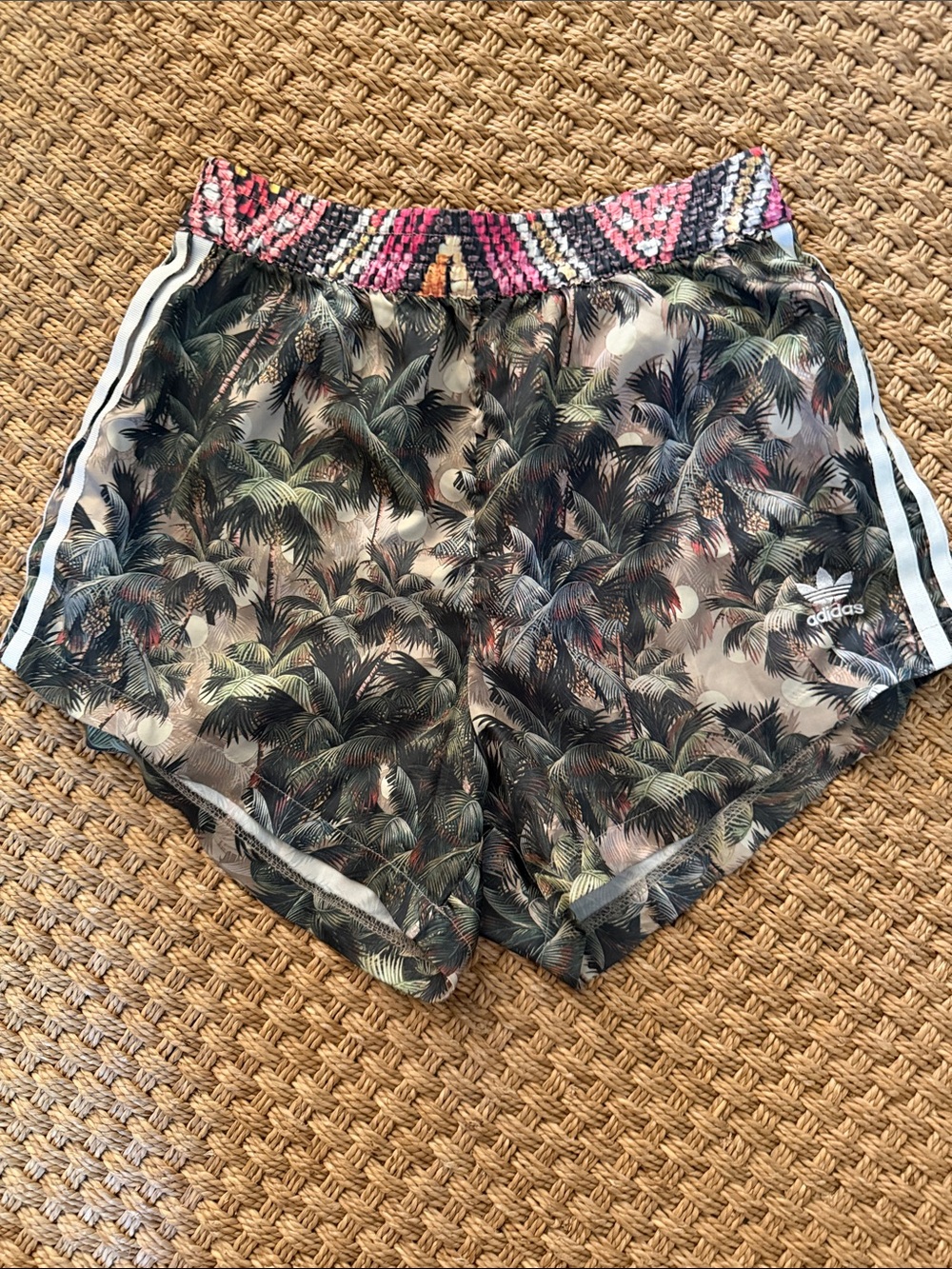 adidas x Farm Rio Women’s Palm Print Athletic Shorts w Pink Patterned Waistband